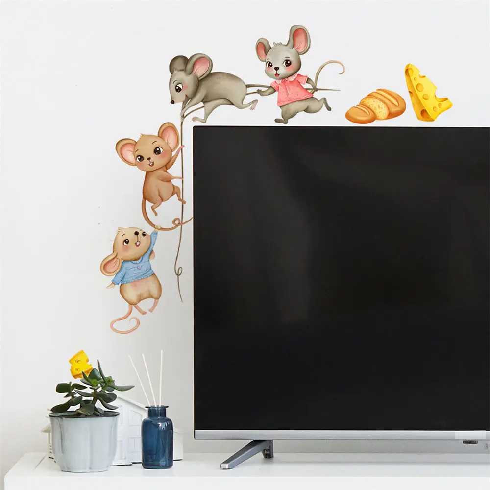 Cartoon Mouse Cheese Wall Sticker Kitchen Bedroom Funny Mice Wall Decal for Playroom Home Decor