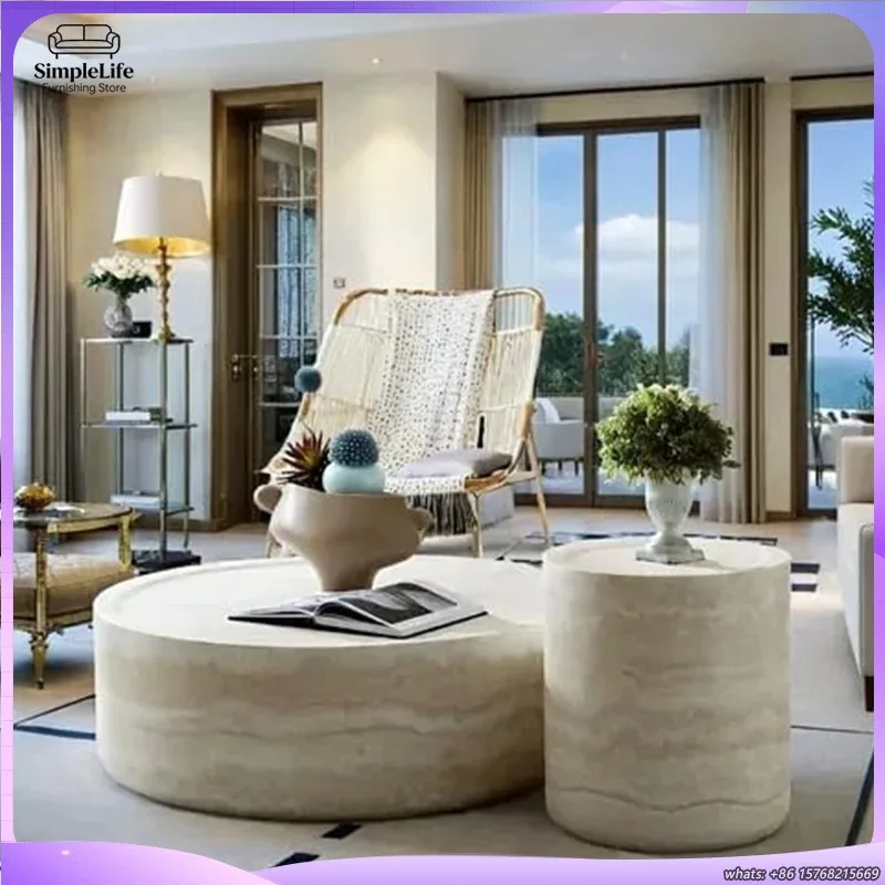 

Modern Round Coffee Table for Living Room Faux Marble Drum Center Table Small Apartment Sofa Table Minimalist Home Decor