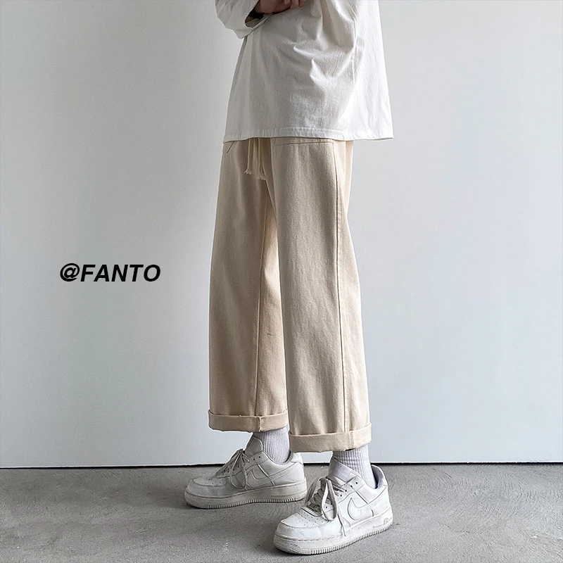 Cotton Casual Pants Men Oversized Wide Leg Pants Men Japanese Streetwear Hip-hop Loose Straight Pants Men Beige Trousers S-2XL