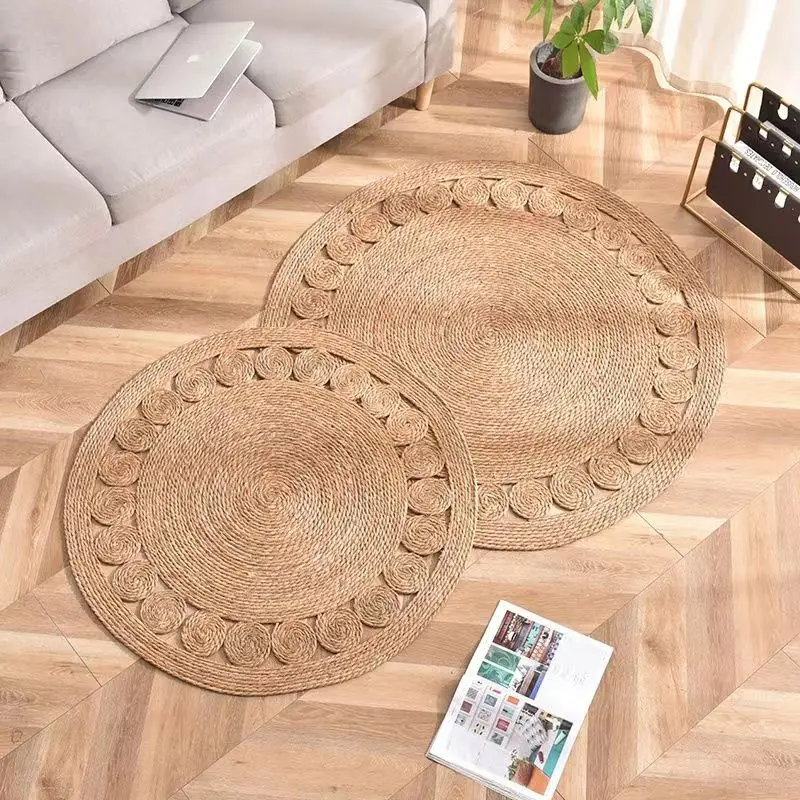 

Handmade Woven Carpets for Living Room, Pure Natural Plant Fiber Rugs, Round Pastoral Carpet, Bedroom Floor Mats, Home Decor