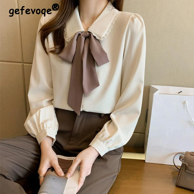 

Women Lace Patchwork Bow Vintage Elegant Button Up Shirt Korean Fashion Sweet Chic Casual Blouse Solid Long Sleeve Chiffon Tops