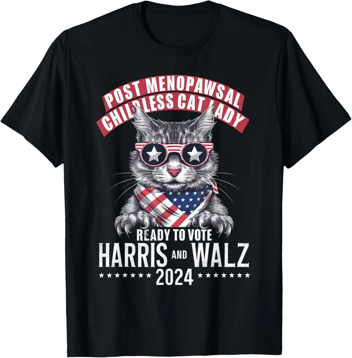 KAMALA Post-Menopausal Childless Cat Lady Ready to Vote Walz T-Shirt