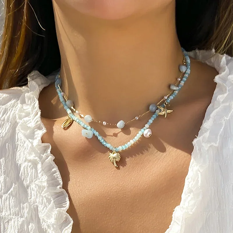 

Boho Multi Layer Crystal Beads Short Clavicle Chain Choker Necklace For Women Fashion Geometric Metal Stars Pendant Jewelry