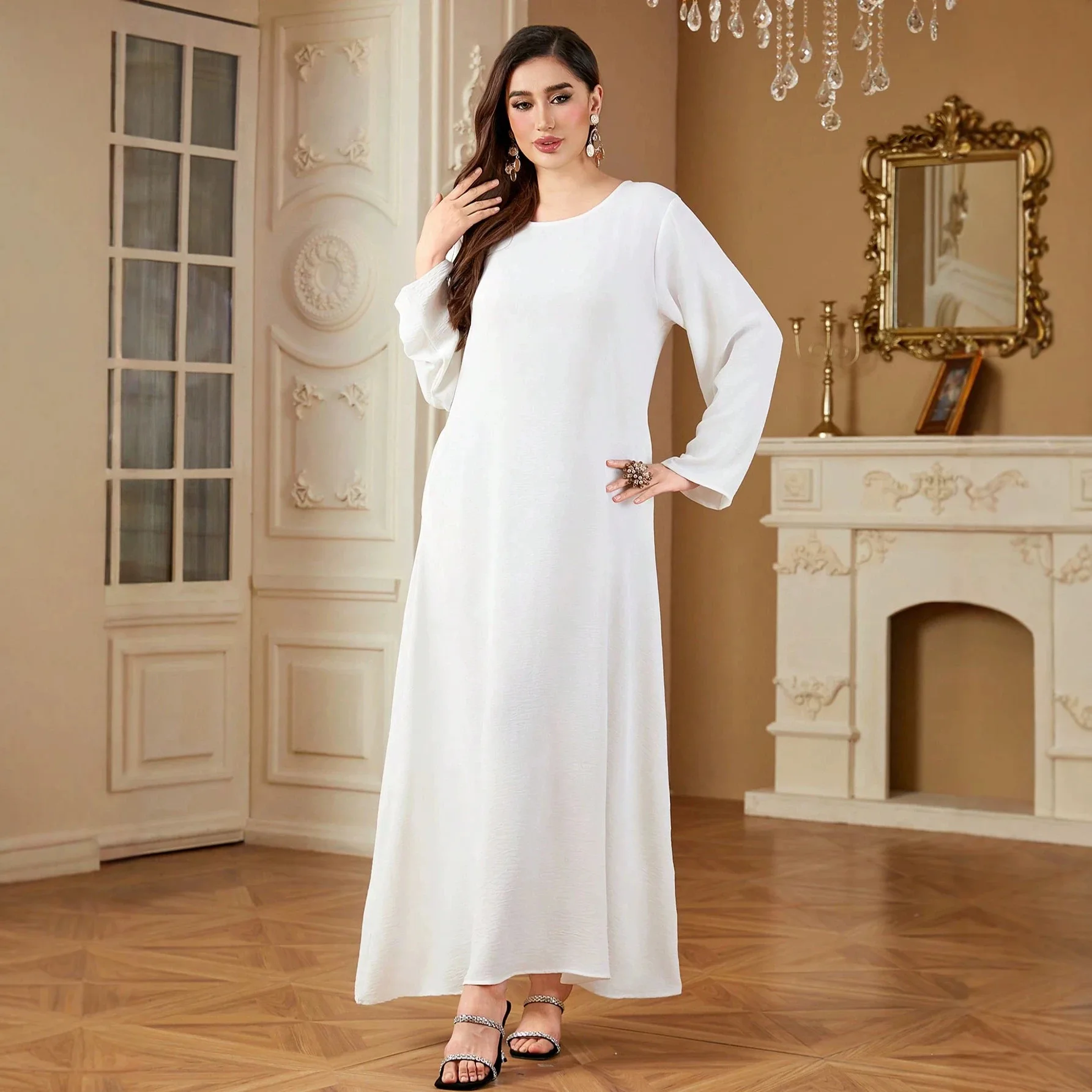 Simple Basic White Solid Color Casual Trendy Loose O-neck Long Sleeve Abaya Dresses Middle East Arabian Turkey Fashion Clothes