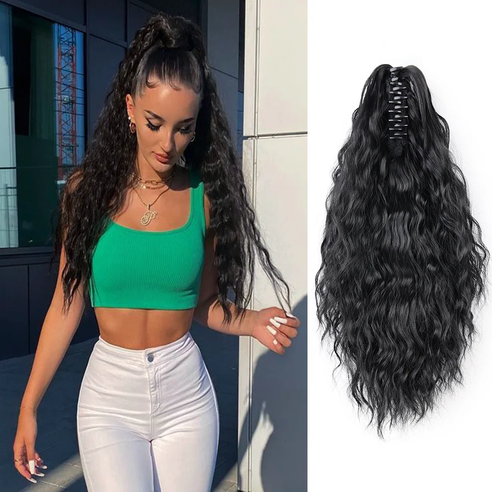 Syntheti extensión de cola de caballo para mujer, Clip de garra, extensión de cola de caballo larga, extensiones de cabello ondulado Natural de múltiples capas, pelusa