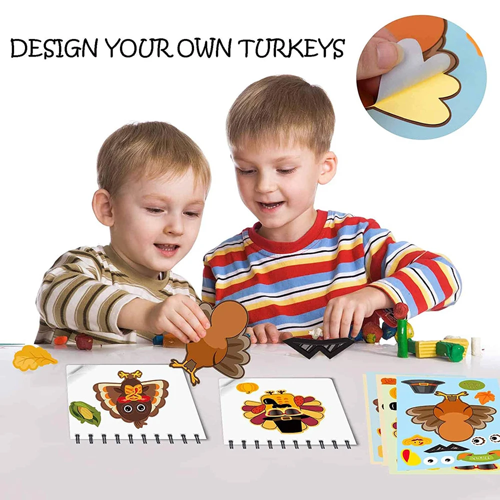 6/12Sheets Make A Turkey Puzzle Stickers DIY Toy Kids Game Sticker Thanksgiving Party Fall Harvest Decorations Assemble Jigsaw