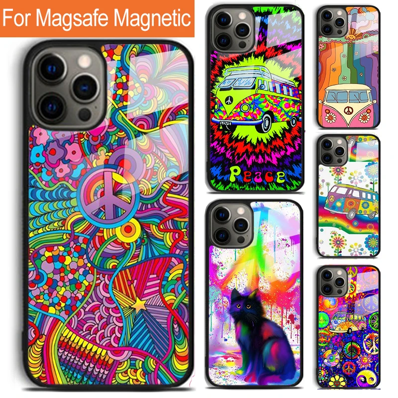 Hippy Peace Bus Cat Phone Case For iPhone 16 15 14 13 12 11 Pro Max Plus Magsafe Magnetic Wireless Charging Cover