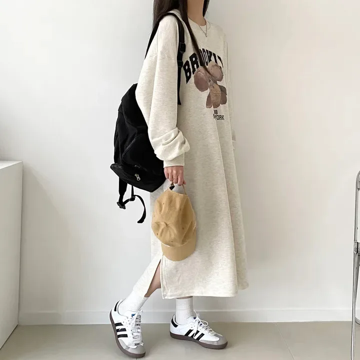 Japanisches Herbst-Winter-Frühlings-Langarm-Dünnes Kleid Damen Fleece-Oberteil Mittellanger Trendiger Rock Übergröße Lässiges Langes Kleid – Detail 4
