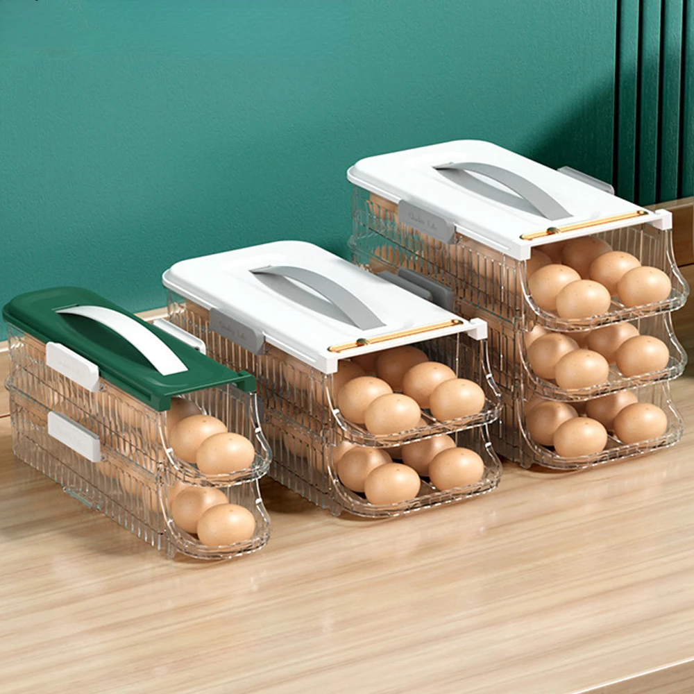 

Egg Storage Box Plastic Organizer Rolling Slide Container Multi-layer Refrigerator Holder Tray Organizations Kitchen Accessories