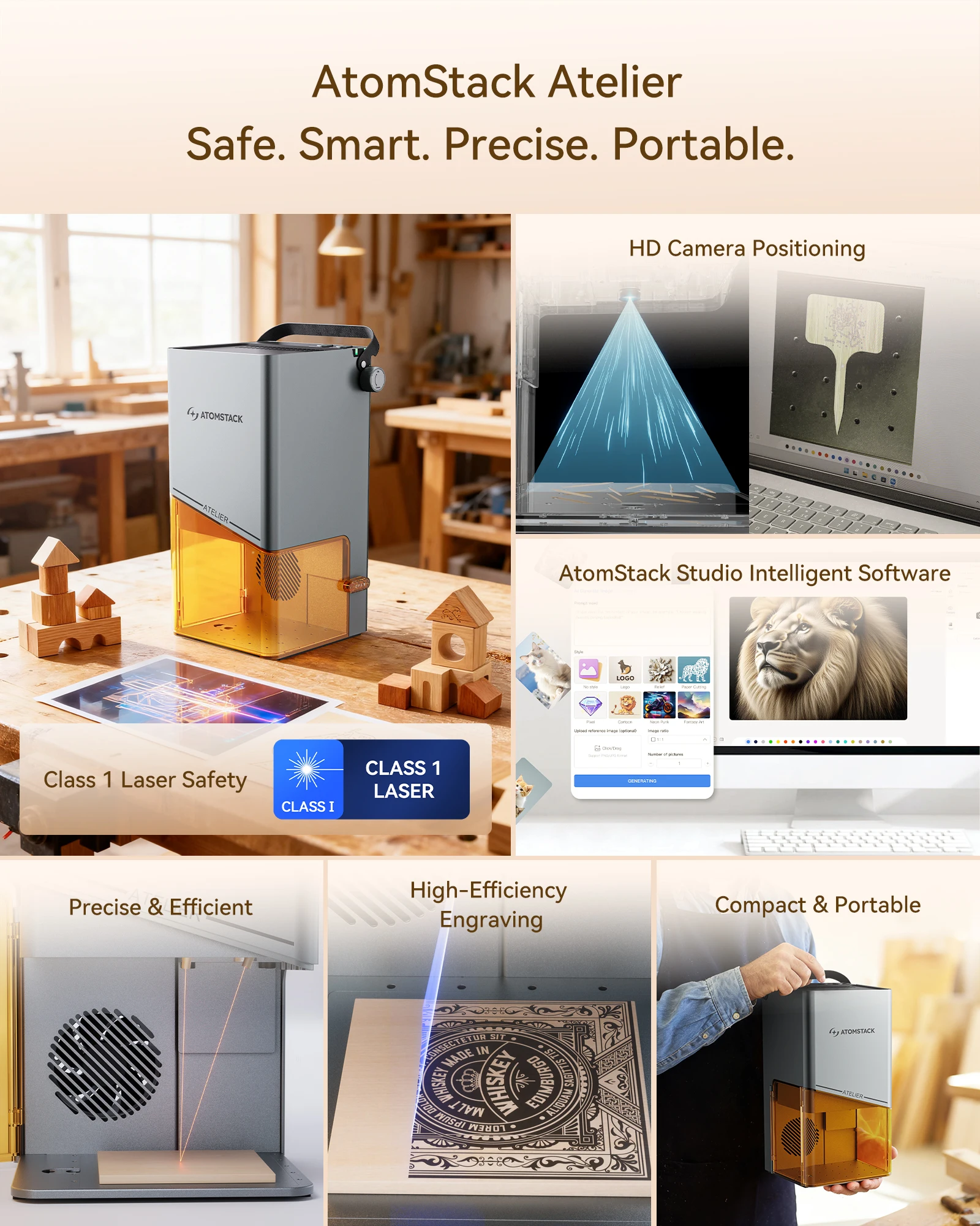 AtomStack Atelier حفارة ليزر محمولة 10 وات، مصدق للسلامة من الفئة 1 لورق الجلد الخشبي DIY