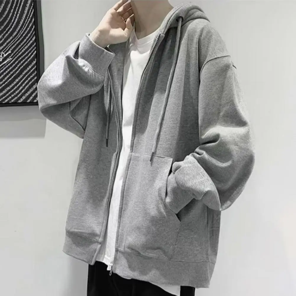 Drawstring Men Hoodie Loose Zip-up Long Sleeves Pockets Hooded Long Sleeve Jacket Cardigan Loose Sweatshirt Spring Hooded Coat