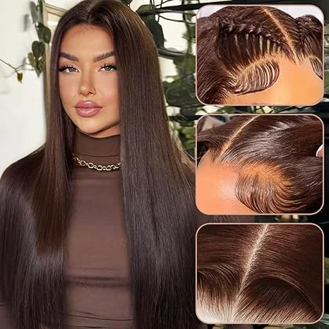 

#4 brown chocolate straight human hair 46 long inches 13x6 front wig lace human hair brown colored straight wig human hai