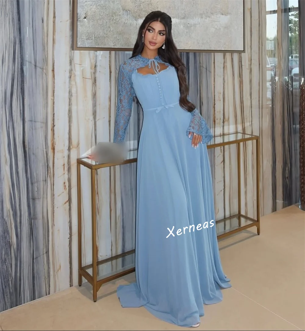 Maßgeschneiderte Chiffon-Spitzenschal mit langen Ärmeln, A-Linie, lange Kleider, maßgeschneiderter Anlass, Frau, elegante Party, Hochzeit, formeller Abend