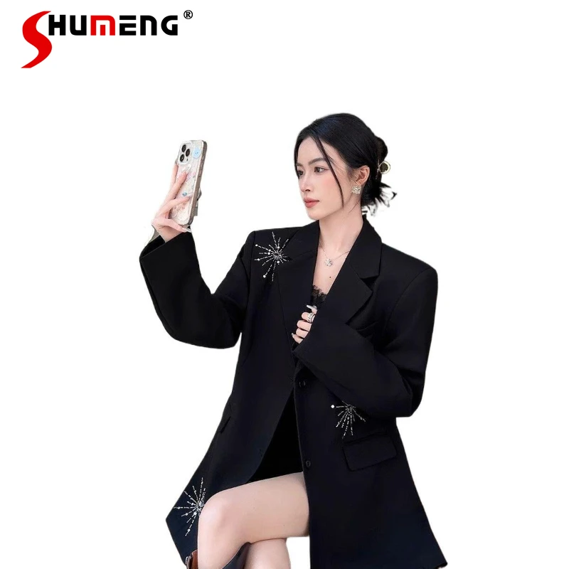 

Women's Blazers 2026 Spring Autumn New Delicate Rhinestone Decoration Tailored Coats Elegant Loose Comfort High-End Suit Jackets