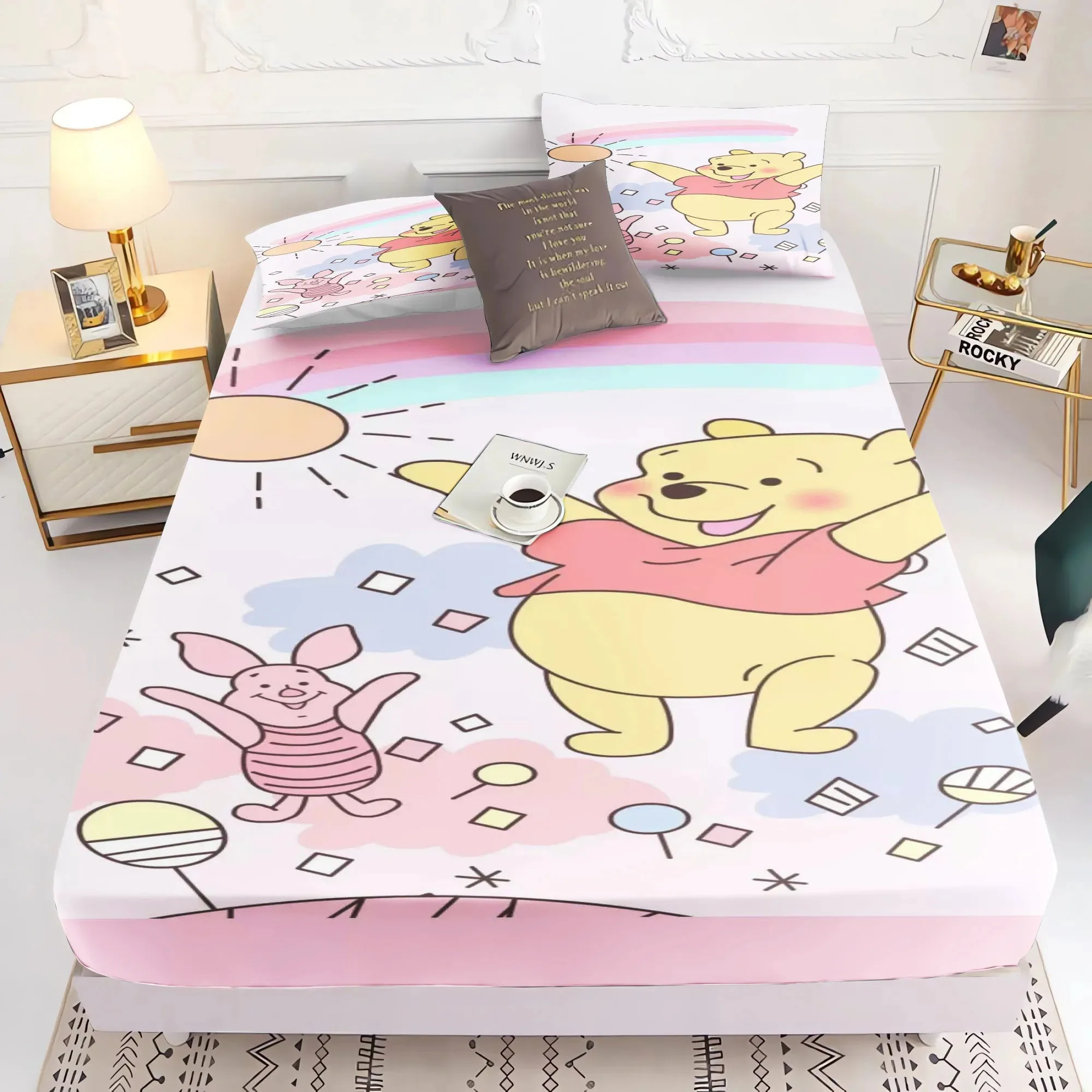 Soft Luxury Winnie The pooh Fitted Bed Sheet with Elastic Bands Mattress Cover Non Slip Machine Washable 140/160/180/200cm