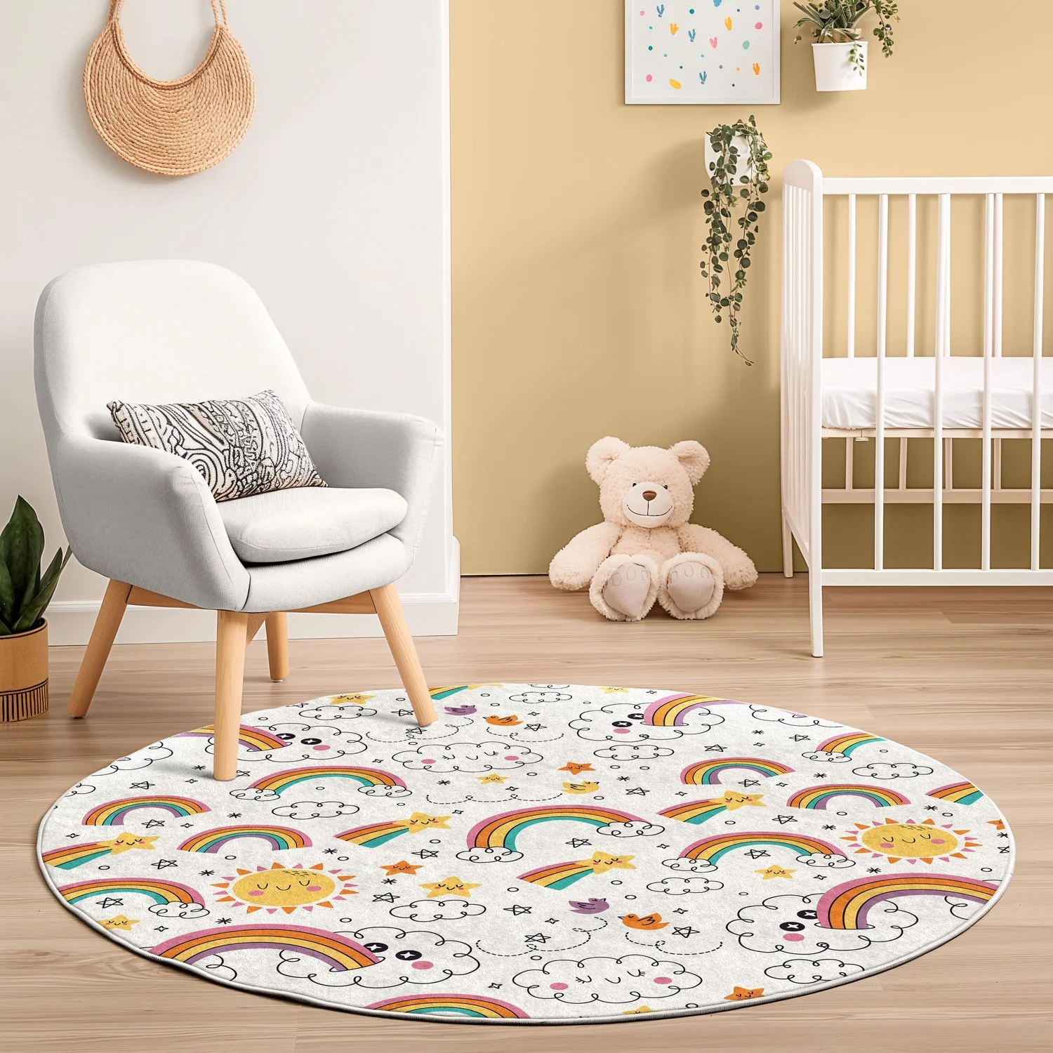 Dreamy Rainbow Paradise Round Rug, Cute Style Rainbow Cloud Star Pattern Carpet, Pastel Playroom Non-Slip Floor Mat, Baby Room Decoration