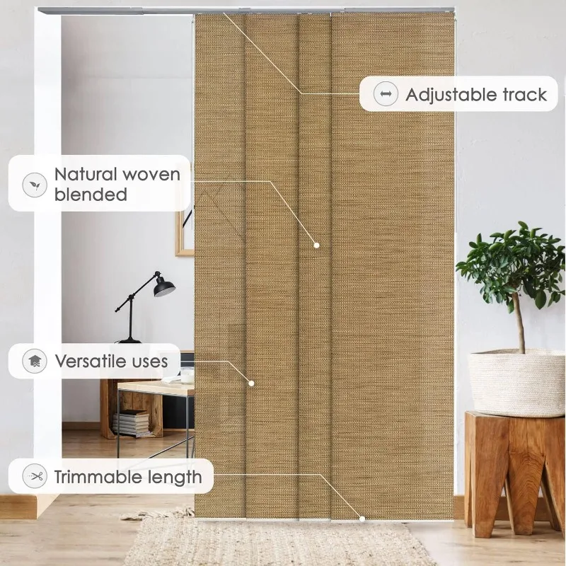 Adjustable Vertical Blinds, Extendable Panel Track for Sliding Closet Doors, Trimmable Woven Panel Curtains, Pecan