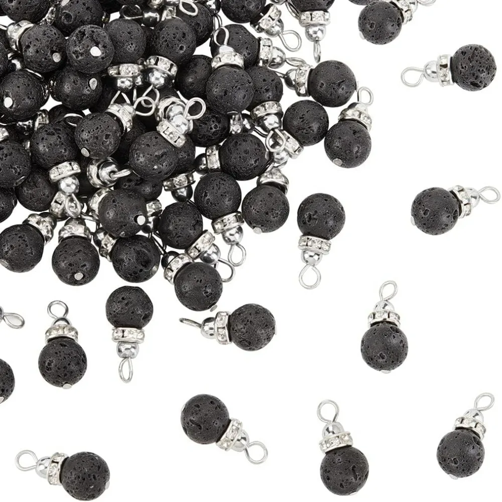 80 Pcs 8.5~9mm Natural Lava Beads Pendants Round Volcanic Lava Gemstone Charms Undyed Black Chakra Beads Findings with Crystal