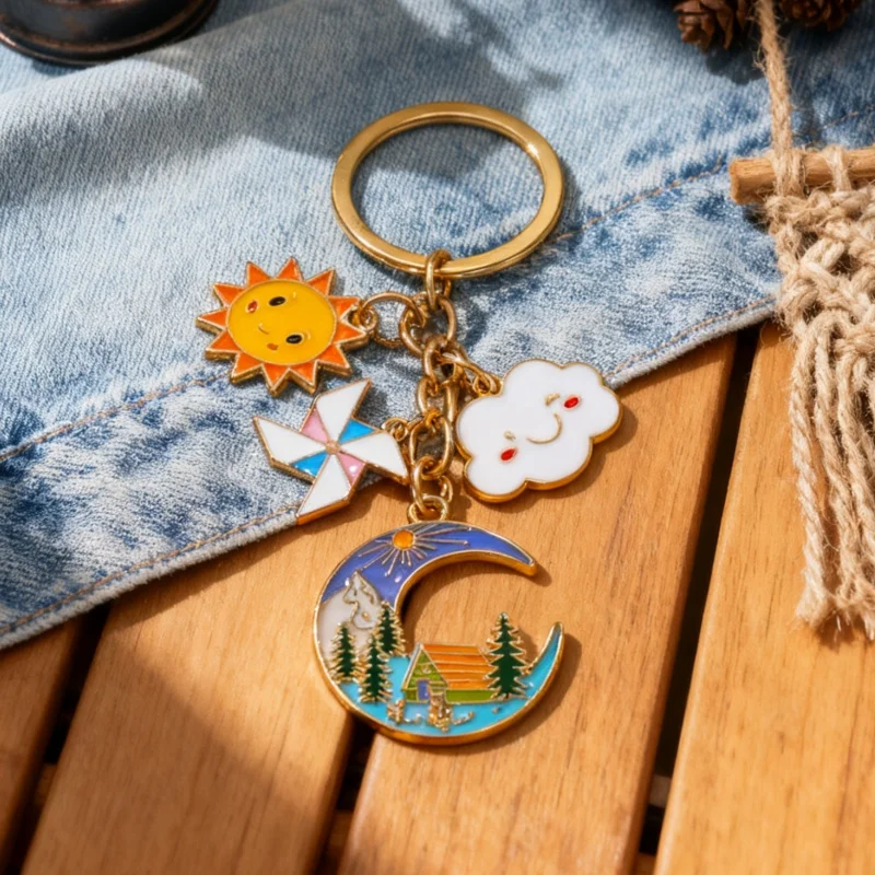 Niedlicher Lächeln Sonne Wolke Emaille Schlüsselanhänger Windmühle Camping Schlüsselanhänger für Frauen Männer Freundschaft Geschenktüte Dekoration handgemachter Schmuck