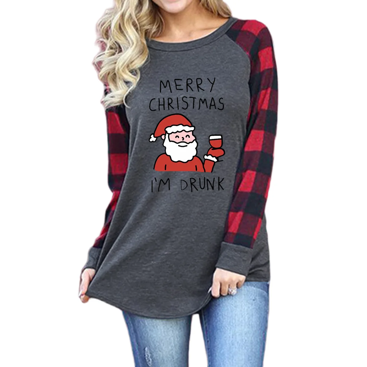 

Women's Santa Claus Pattern Printed Round Neck Raglan Long Sleeve T-shirt Women's Loose and Versatile Elegance and Personality