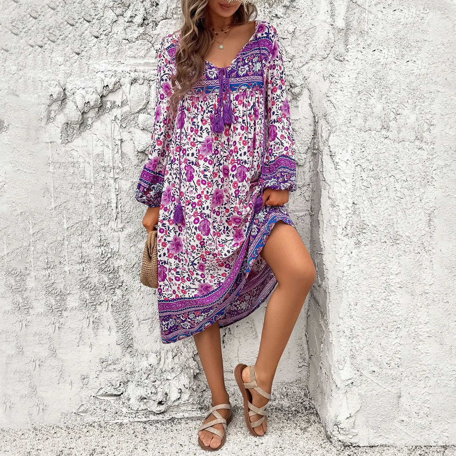 High Quality Women\'s Clothing 2024 Spring Summer Leisure Vacation Printed Long Sleeved Dress with Drawstring Bohemian Dress Y2k