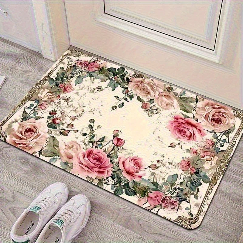 VIKAMA Fußmatte mit Vintage-Rosen-Blumenmuster, rutschfest, maschinenwaschbar, Fußmatte, weicher und warmer Heimdekor-Teppich
