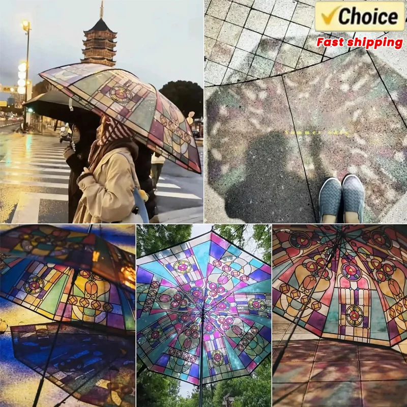 2024 New 4PCS British Style Rainforest Arch Transparent Umbrella Painted Glass Transparent Rain Long Handle Automatic Umbrella