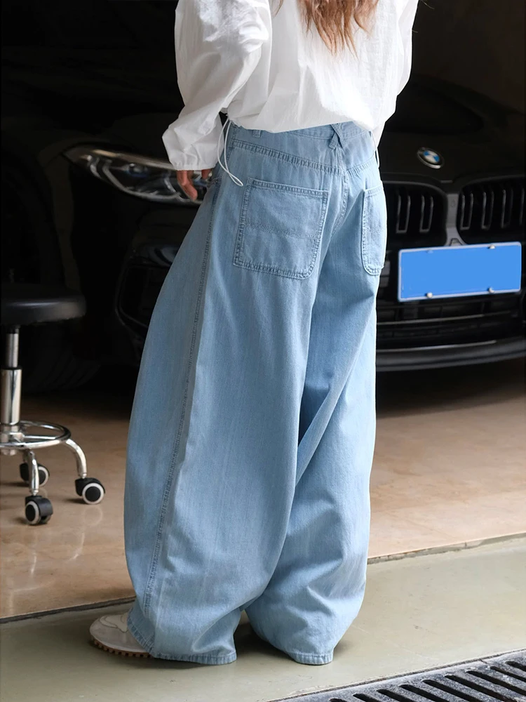 LANMREM Pleated Design Jeans For Women High Waist Straight Wide Leg Denim Pants Streetwear Trousers 2025 Spring New 26C228