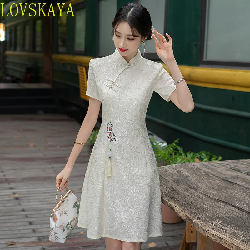 New Plus Size Retro Red Embroidery Chinese Traditional Casual Party Women's Midi Dress Summer Plaid Dress