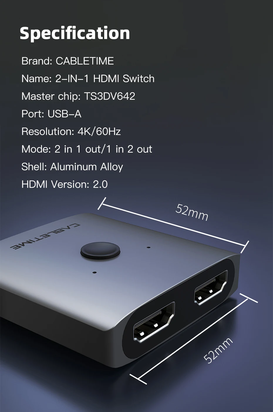 CABLETIME HDMI Switch Splitter 4K 2 in 1 Out 60Hz HDMI-kompatibel 2,0 Hub Switcher für PC Laptop HDTV Xbox PS4 PS5 TV Macbook – Detail 11