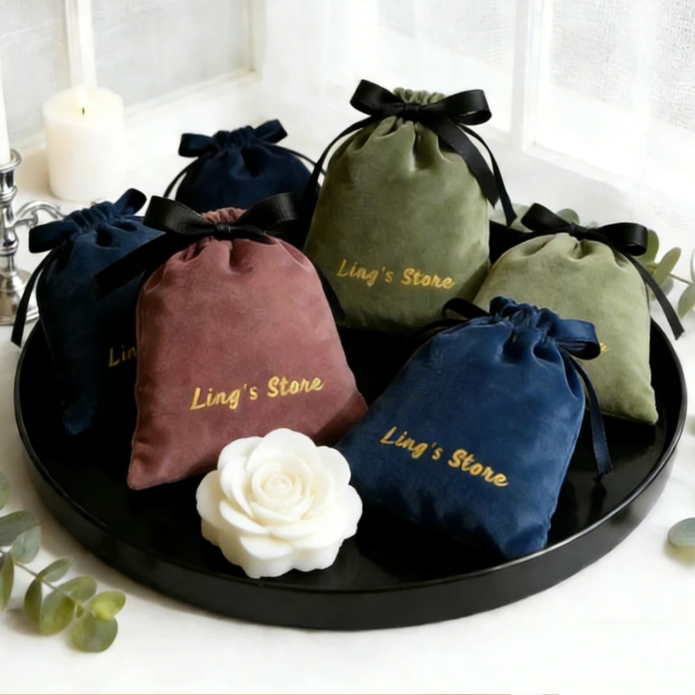 

100Pcs Personalized Jewelry Velvet Drawstring Bag Soft Suede Ribbon Bowknot Pouch Wedding Favors Candy Goodies Organizer Pocket