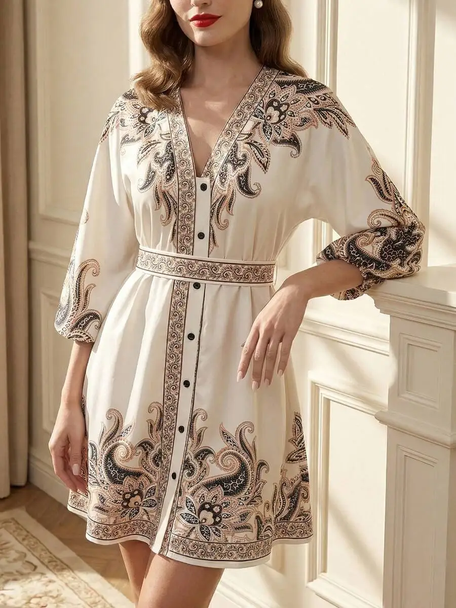 

Elegant V-Neck Button Front A-Line Dress With Lantern Sleeves And Paisley Print Casual Spring Summer