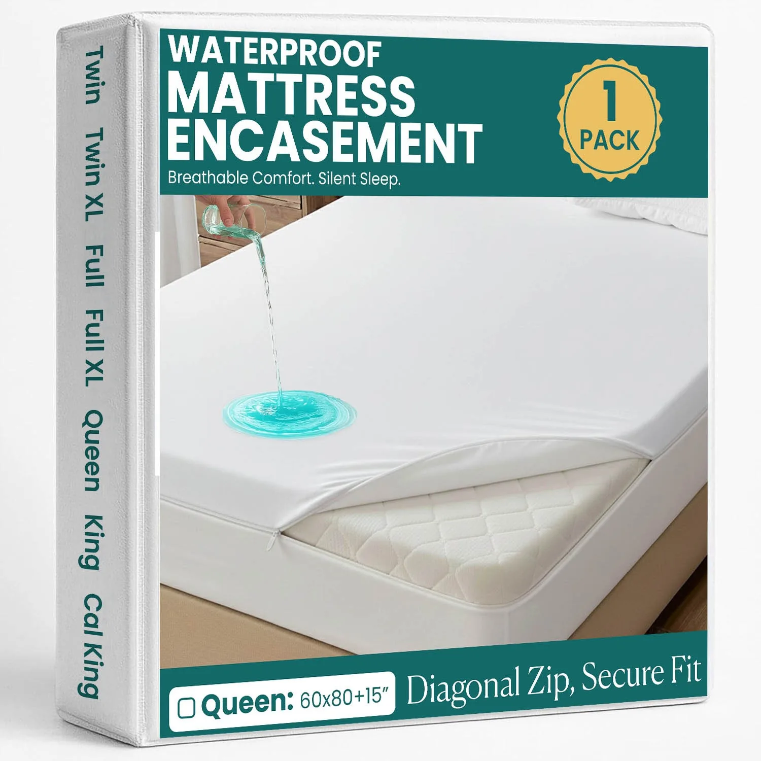 Mattress Encasement Waterproof Zippered Mattress Encasement, Breathable, Noiseless Machine-Washable Zipped Mattress Cover, Absorbent Six-Sided Mattress Protector Noiseless
