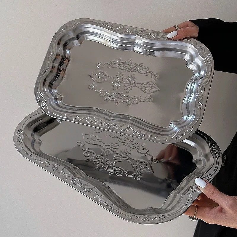 Vintage Stainless Steel Decorative Tray Floral Embossed Serving Trays For Refreshment Pallet Cake Plate Restaurant Storage Dish