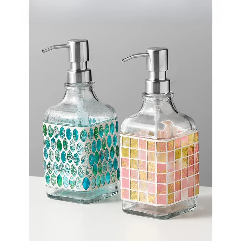 

Nordic Style Mosaic Glass Liquid Soap Dispenser Bathroom Decorative Container for Hand Sanitizer And Lotion Mediterranean Blue
