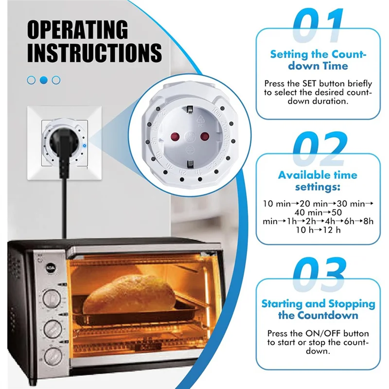 T98C-LED Display Timer Switch Socket, 12 Time Ranges, 2 Button Countdown Function Status For Lighting And Household EU Plug