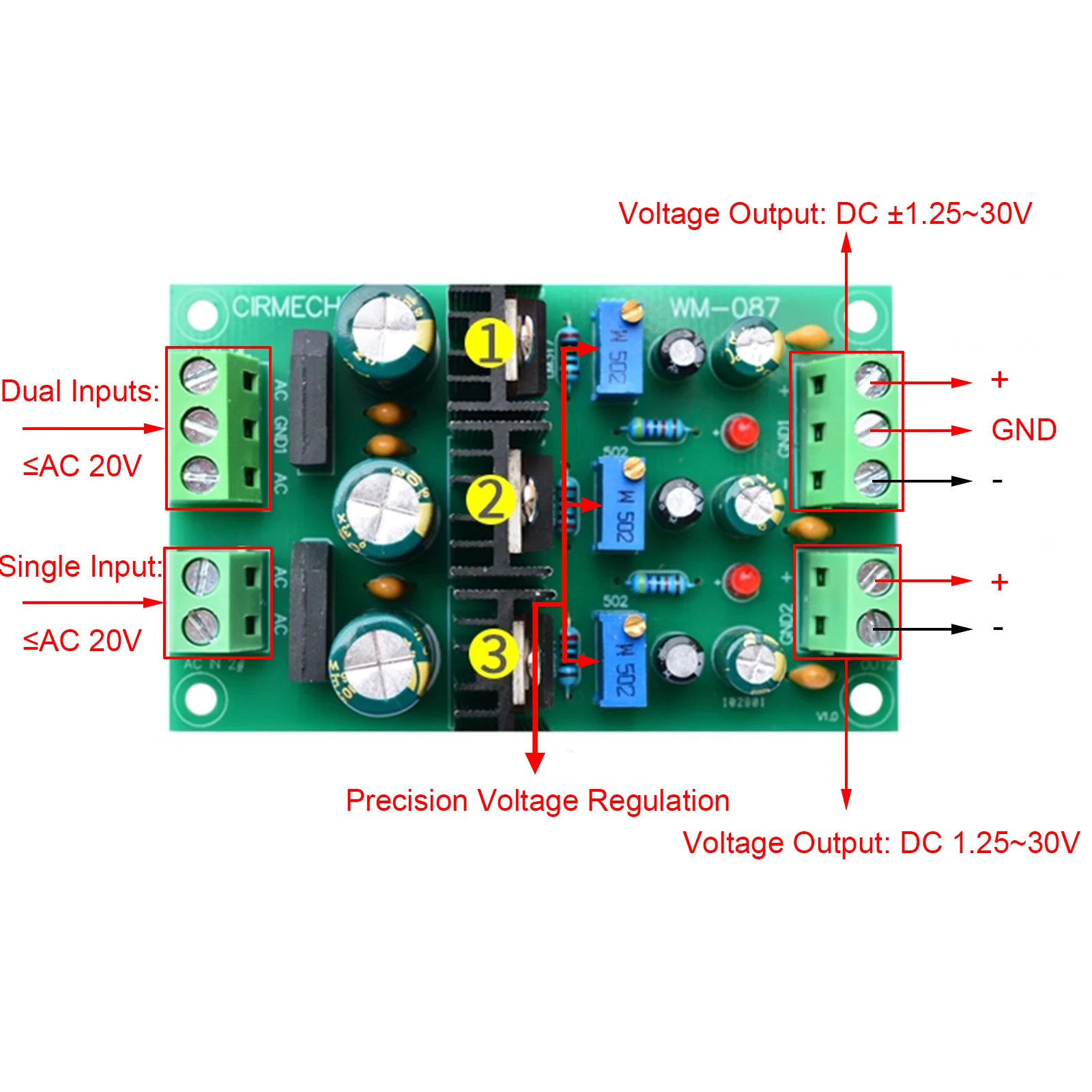 Adjustable Step Down Power Supply Module Buck Voltage Converter AC20V to +/-1.25V-30V LM317 LM337