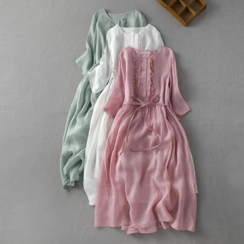 Women Dresses Summer 2024 New Elegant Ruffles Casual Loose Sundress Vintage Holiday Beach Dress Short Sleeve Lace Up Maxi Dress