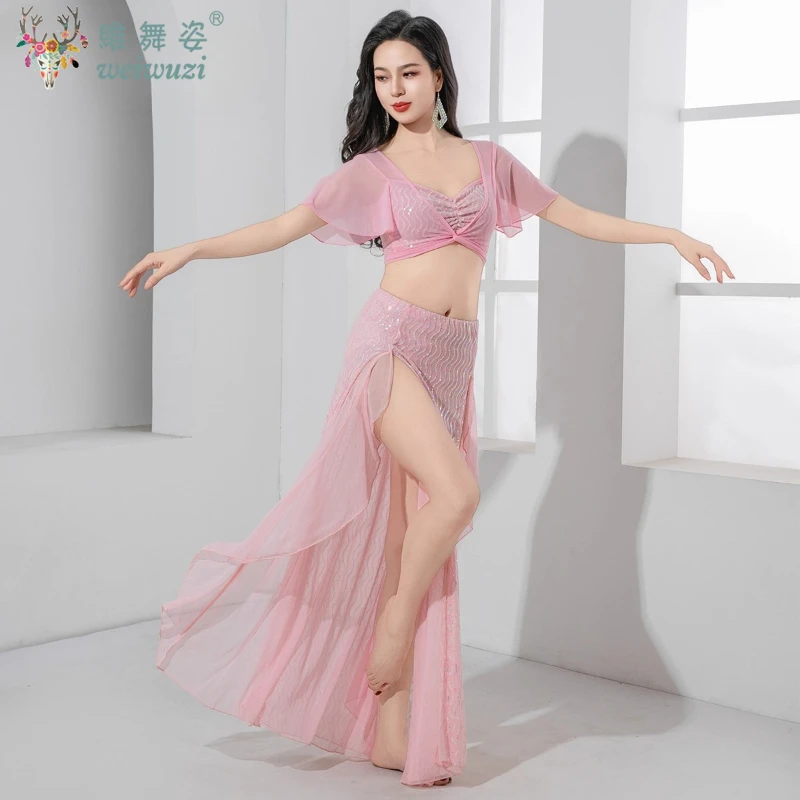 Costume de danseuse du ventre élégant pour femmes, haut à manches Lotus + jupe longue à paillettes, vêtements d'entraînement de danse orientale de luxe légers pour adultes