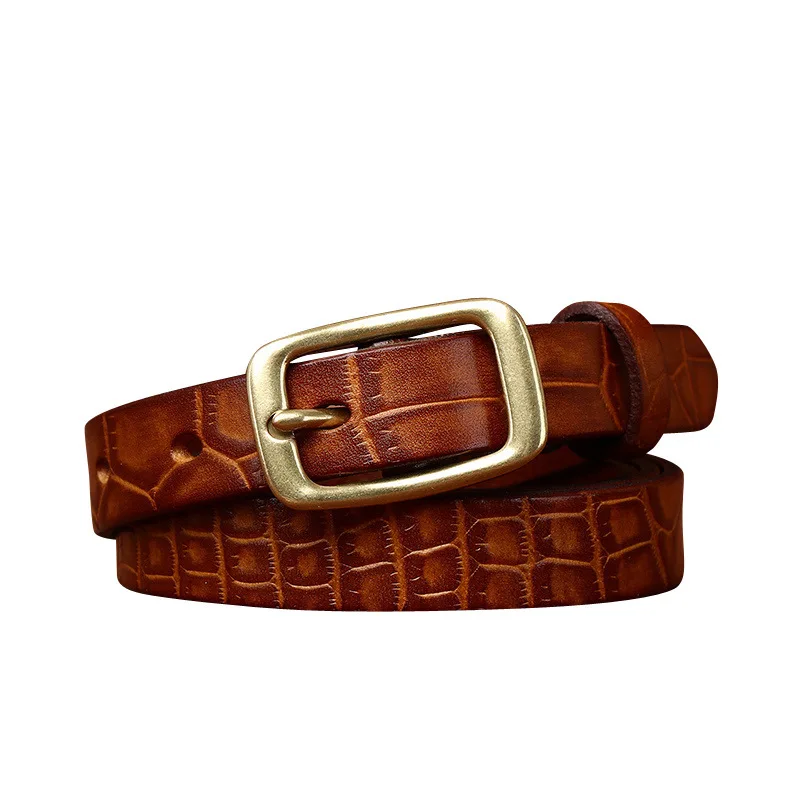 Women's Slim Matching Decorative Belt, Genuine Top-grain Leather Belt with Crocodile Embossing for Ladies