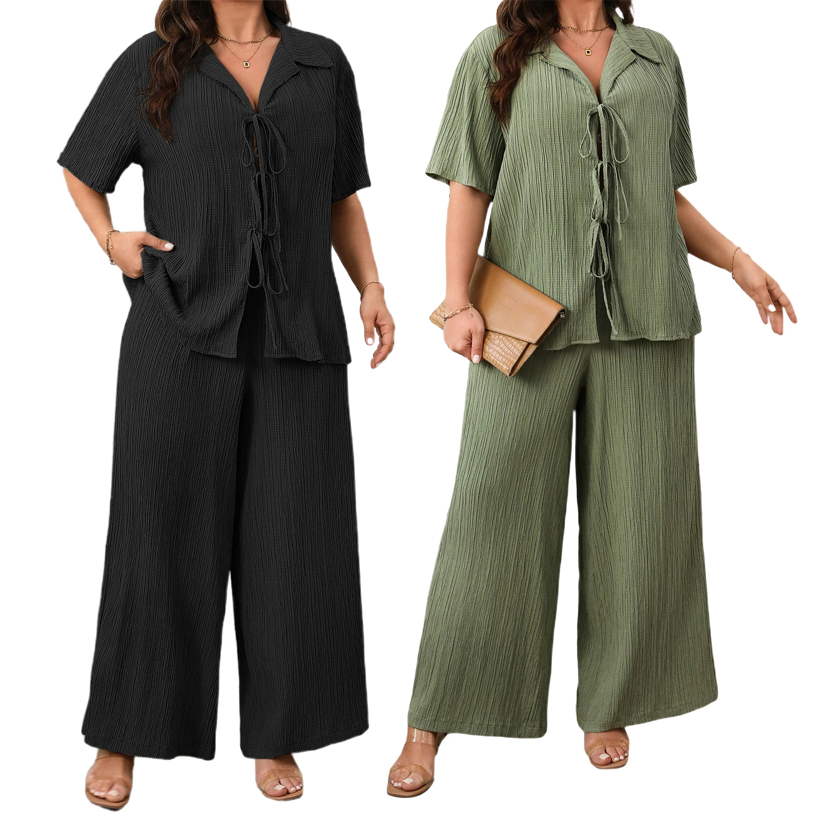 

Женская одежда больших размеров, весенняя повседневная летняя однотонная футболка с завязками спереди и широкие брюки с эластичной резинкой на талии, комплекты больших размеров