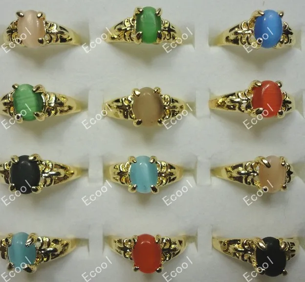 50Pcs Fashion Multicolored Opals Gold Plated Rings For Women Ladies Whole Jewelry Bulk Packs Lots LR008