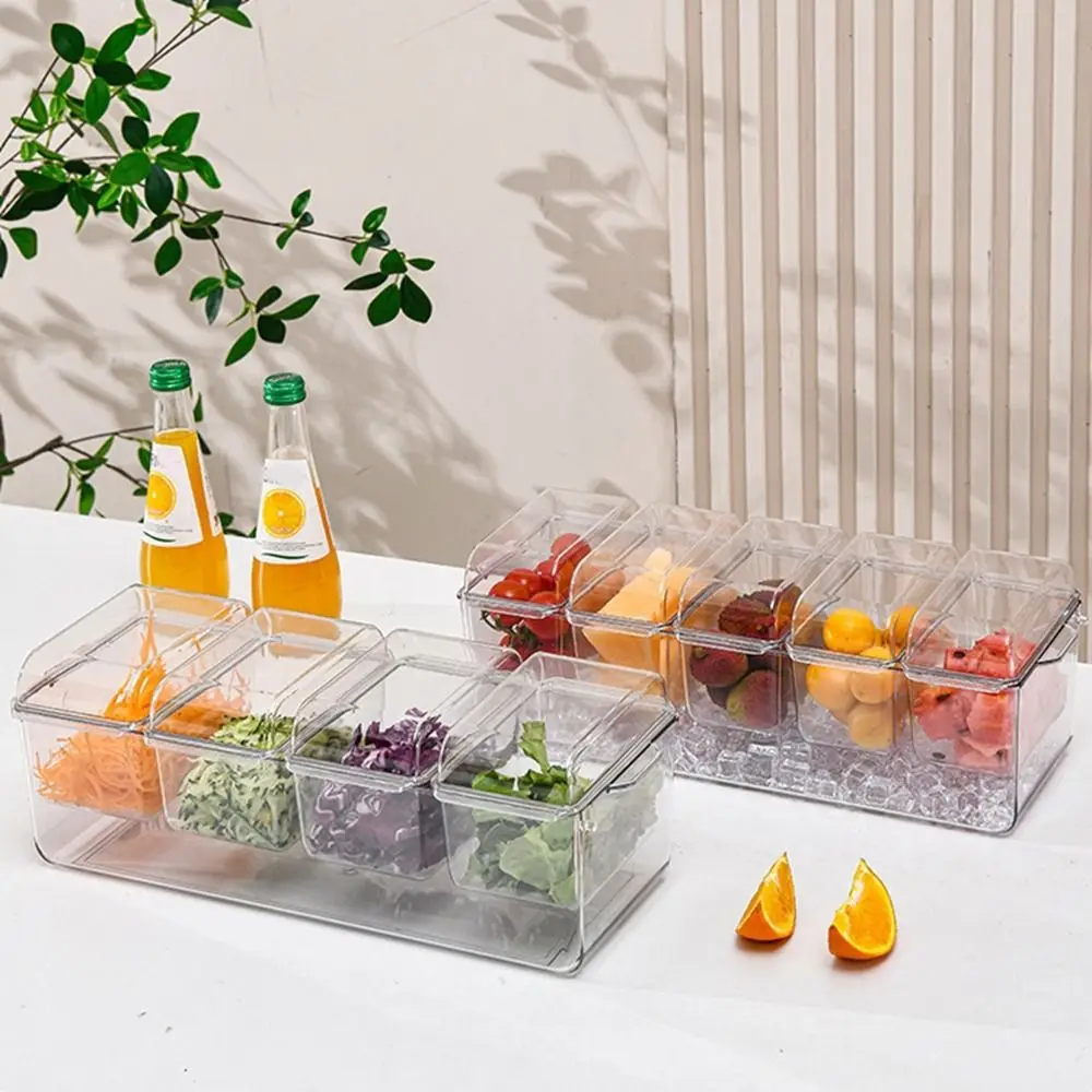 Plastic 4/5 Grids Condiment Tray Divider Lid Dustproof Transparent Fresh Iced Box Large Capacity Chilled Fruit Salad Box Picnic