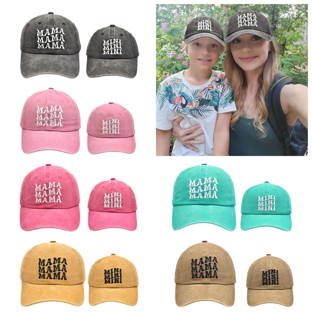 2024 New Parent Child Three Line Letter MAMA MINI Baseball Hat Outdoor Casual Sunshade Hats for Mom Kids Ideal Gifts