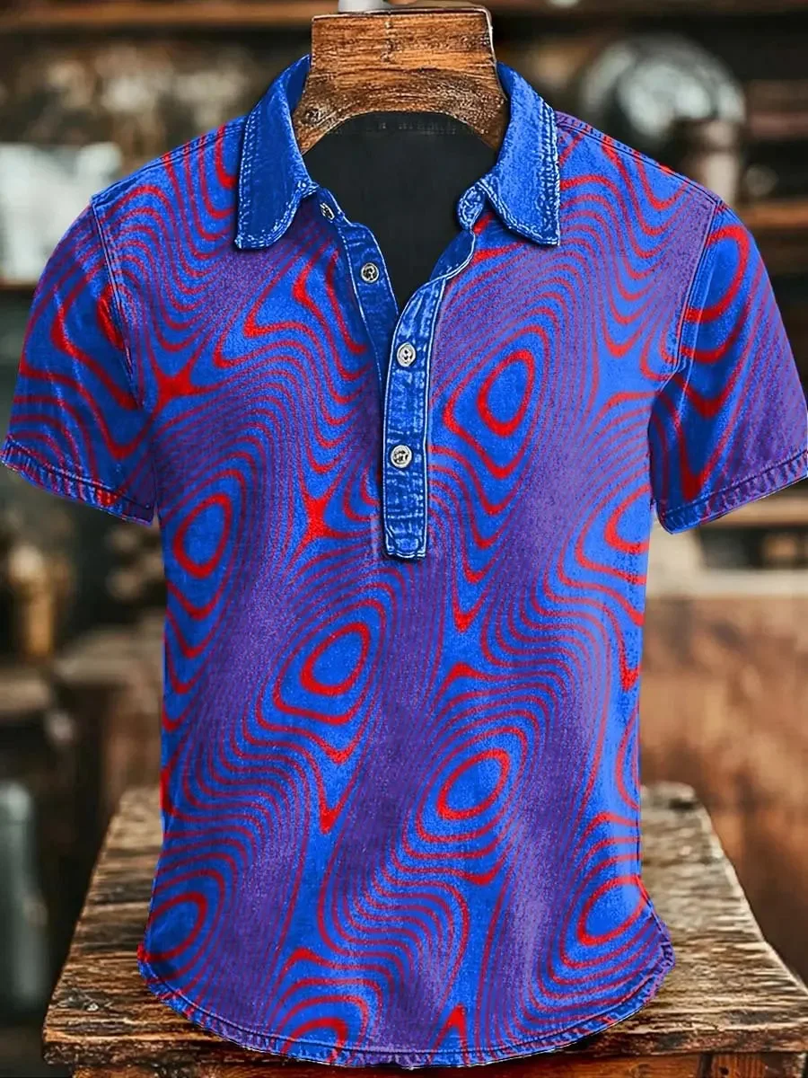 Neues Retro Vintage Batik-Streifenmuster Herren Kurzarm-Poloshirt mit Denim-Stil und lässigem Kragen – Detail 3