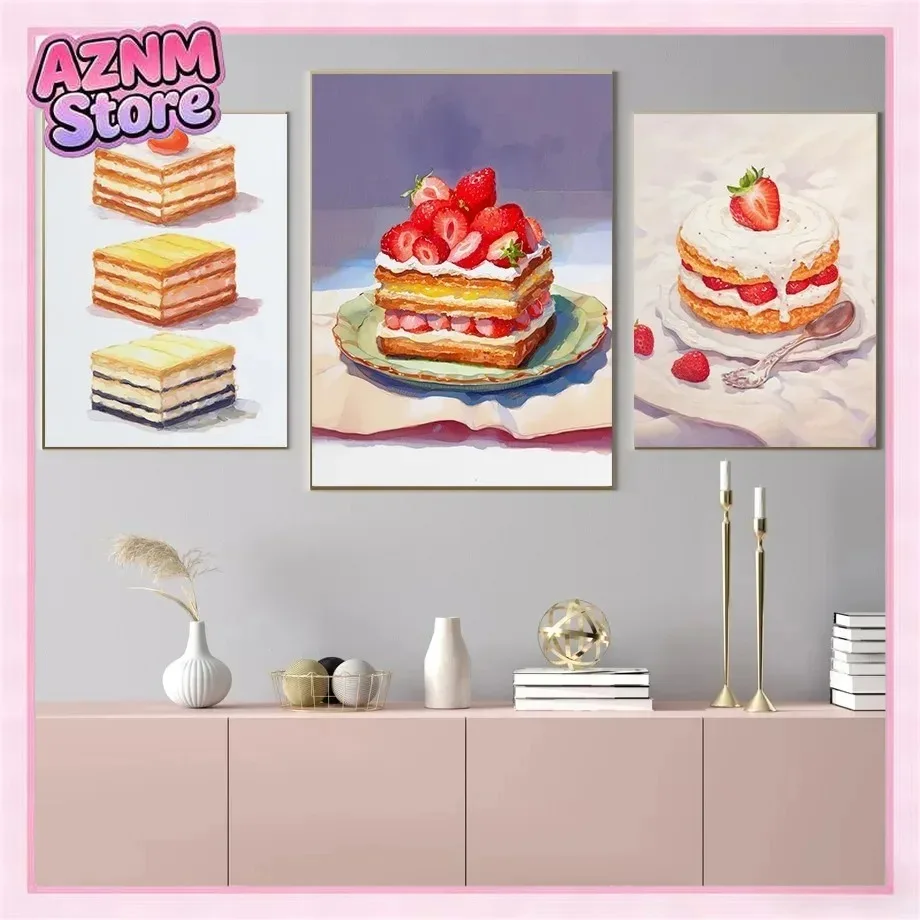 Pintura en lienzo sin marco, repostería francesa, pastel de frambuesa, crema, pastelitos, póster, imágenes artísticas para pared, pintura en lienzo para habitación, 1 ud.