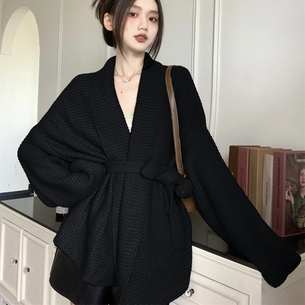 Women\'s Oversize Knitted Wool Cardigan Sweater with Belt, Scarf Collar, Cozy Slim Outerwear, Female Knitwear, Winter, 2023