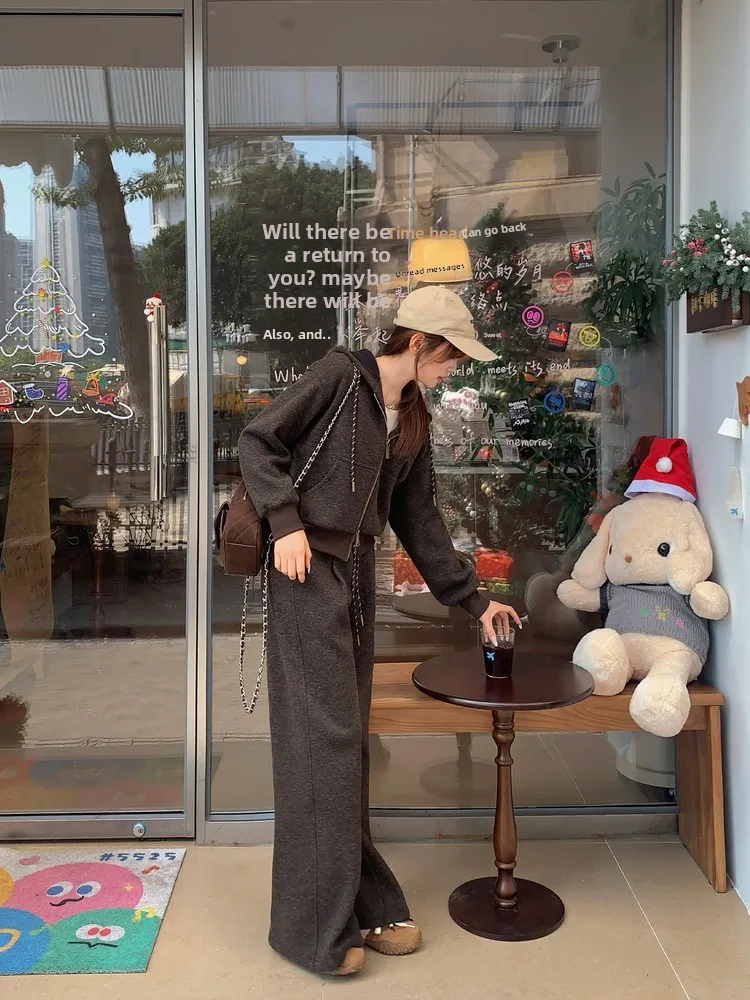 

Зимний комплект из двух предметов: толстовка с капюшоном на флисовой подкладке и брюки, женский повседневный костюм, коричневый, новая модель, удобный, из полиэфирного волокна, длинный рукав.