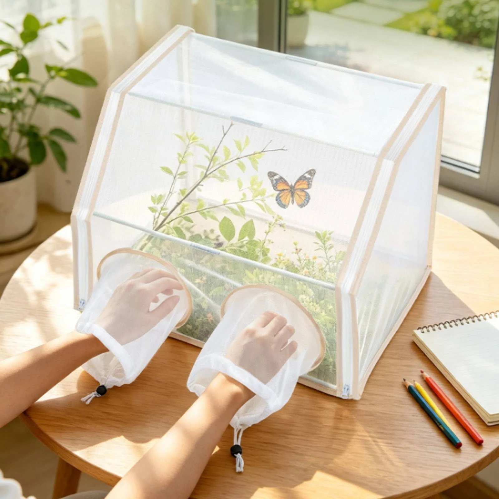 Rearing Cage with Access Sleeves Child-Friendly Butterfly Observation Cage Rectangular Enclosure Educational