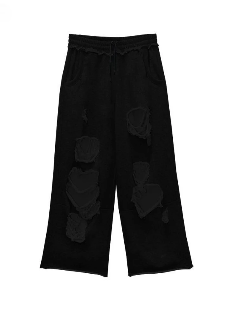 HOUZHOU Black Vintage Distressed Trousers Women Baggy Hip Hop Y2k Grunge Holes Sweatpants Fashion Streetwear Wide Leg Joggers